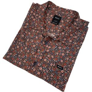 RVCA Mens Floral Button Up Shirt Large Regular Fit Short Sleeve Navy Orange